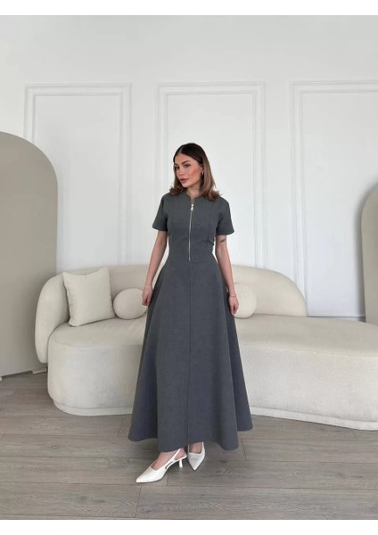 Kısa Kollu Önden Fermuarlı Çan Etekli Uzun Elbise - Antrasit fiyatları