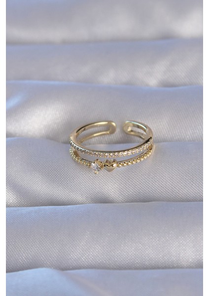 Pirinç Gold Renk Zirkon Taşlı Kalpli Su Yolu Model Ayarlanabilir Yüzük fiyatları