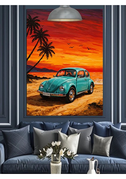 Gün Batımında Mavi Otomobil Dekoratif Kanvas - Mdf Ahşap Tablo