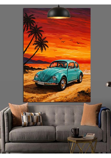 Gün Batımında Mavi Otomobil Dekoratif Kanvas - Mdf Ahşap Tablo fiyatları