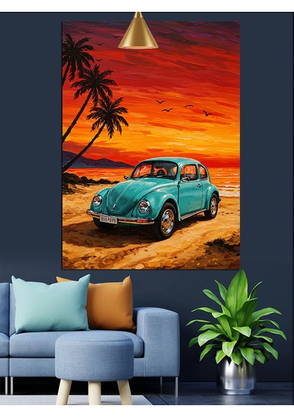 Gün Batımında Mavi Otomobil Dekoratif Kanvas - Mdf Ahşap Tablo modelleri