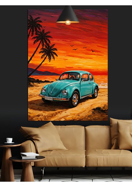 Gün Batımında Mavi Otomobil Dekoratif Kanvas - Mdf Ahşap Tablo fırsatları