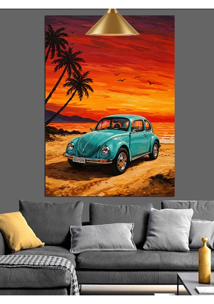 Gün Batımında Mavi Otomobil Dekoratif Kanvas - Mdf Ahşap Tablo indirimleri