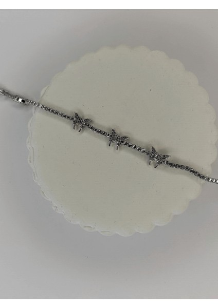 Taşlı Üç Kelebekli Silver Su Yolu Bileklik