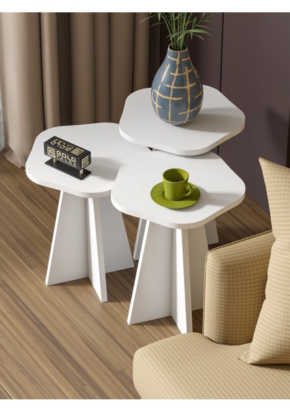 Zigon Sehpa Dekoratif 3’lü Çok Amaçlı Yan Sehpa Çiçek Formlu Beyaz