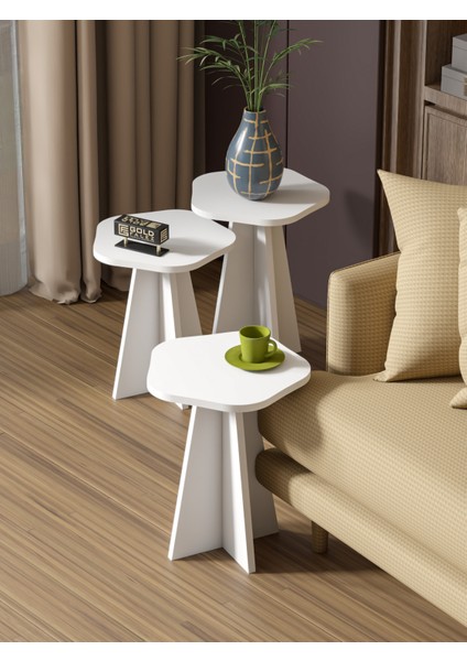 Zigon Sehpa Dekoratif 3’lü Çok Amaçlı Yan Sehpa Çiçek Formlu Beyaz fırsatları