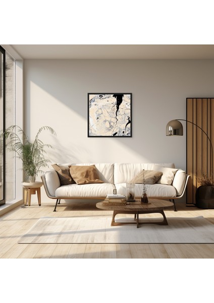 Orijinal Dizayn Modern Siyah Çerçeveli Cam Baskı Tablo 50X50CM: Soyut Siyah & Bej
