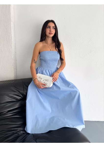 Straplez Pileli Elbise - Açık Mavi fırsatları