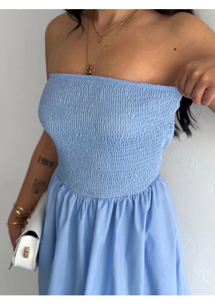 Straplez Pileli Elbise - Açık Mavi indirimleri