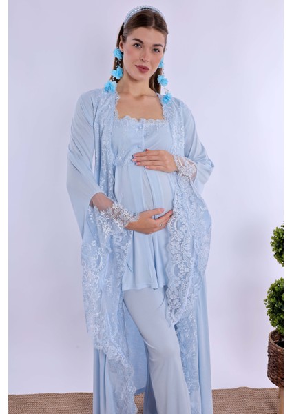 Mavi Sabahlıklı Hamile Lohusa Pijama Takımı fiyatları