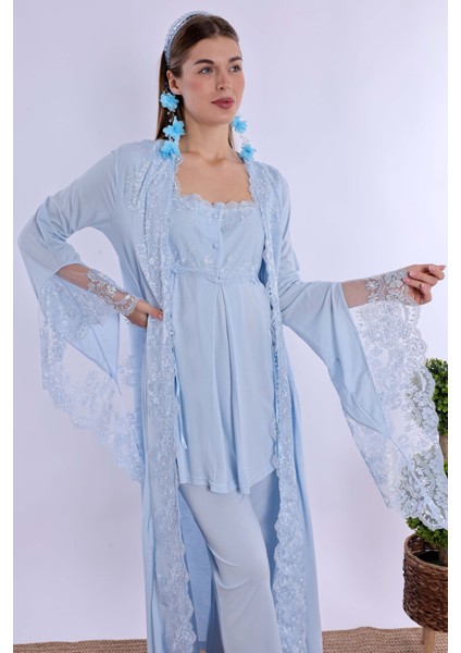 Mavi Sabahlıklı Hamile Lohusa Pijama Takımı modelleri