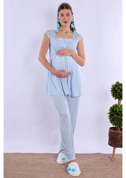 Mavi Sabahlıklı Hamile Lohusa Pijama Takımı indirimleri