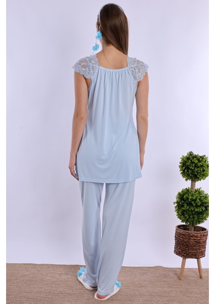 Mavi Sabahlıklı Hamile Lohusa Pijama Takımı