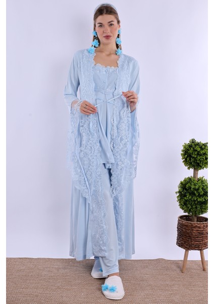 Mavi Sabahlıklı Hamile Lohusa Pijama Takımı