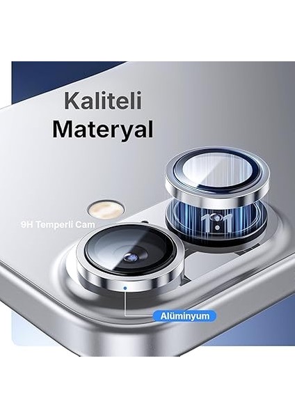 iPhone 16 ve 16 Plus ile Uyumlu Alüminyum Alaşım Çerçeveli ve 9h Sertliğinde Temperli Camlı Lens Koruyucu (Gümüş, Sapphire Glass) fiyatları