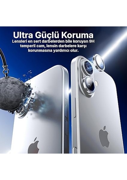 iPhone 16 ve 16 Plus ile Uyumlu Alüminyum Alaşım Çerçeveli ve 9h Sertliğinde Temperli Camlı Lens Koruyucu (Gümüş, Sapphire Glass) modelleri