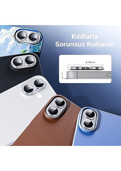 iPhone 16 ve 16 Plus ile Uyumlu Alüminyum Alaşım Çerçeveli ve 9h Sertliğinde Temperli Camlı Lens Koruyucu (Gümüş, Sapphire Glass) fırsatları