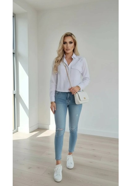 Kadın Bağcıklı Omuz Detaylı Gömlek – Lace-Up Bluz | Beyaz, Kuşgözü Aksesuarlı Casual Giyim fiyatları