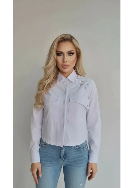 Kadın Bağcıklı Omuz Detaylı Gömlek – Lace-Up Bluz | Beyaz, Kuşgözü Aksesuarlı Casual Giyim fırsatları