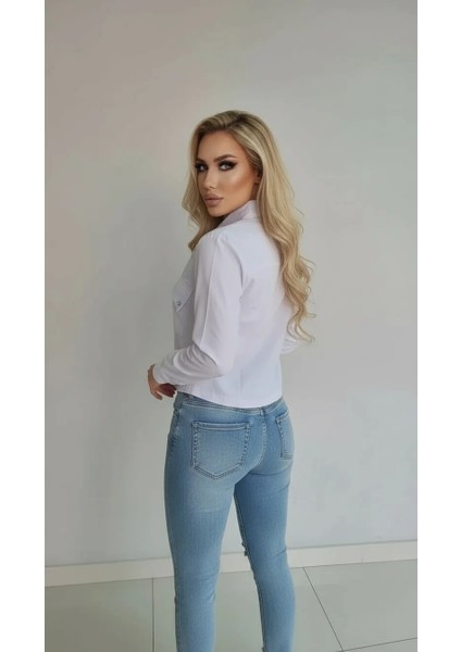 Kadın Bağcıklı Omuz Detaylı Gömlek – Lace-Up Bluz | Beyaz, Kuşgözü Aksesuarlı Casual Giyim indirimleri