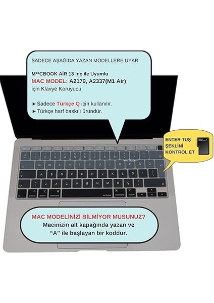 Macbook Air M1 13INÇ Klavye Koruyucu Türkçe Q Ombre A2179 A2337 ile Uyumlu Siyah Gri fiyatları