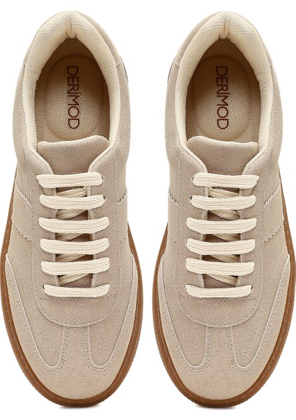 Kadın Bej Bağcıklı Kalın Tabanlı Süet Sneaker 25AFE145210