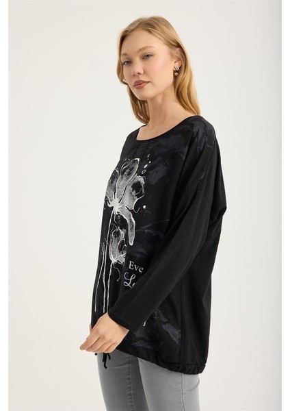 Yaldızlı Çiçek Desenli Yazılı Bluz fiyatları