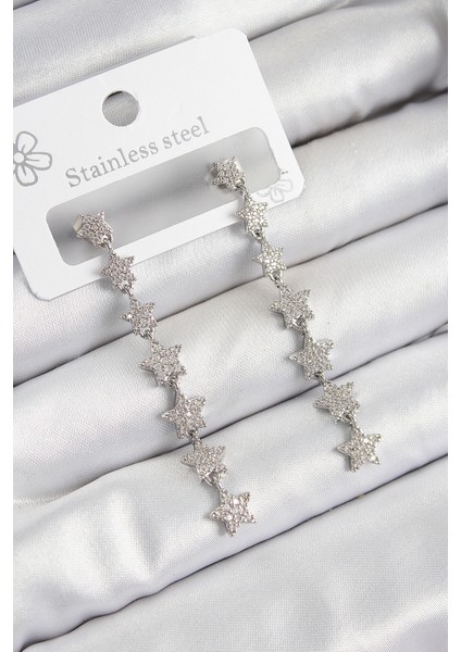 Pirinç Zirkon Taşlı Sallantılı Yıldız Model Gümüş Renk Kadın Küpe