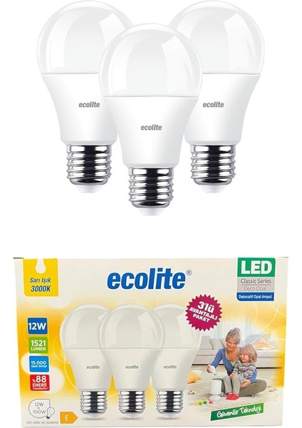 12W LED Ampul 3'lü Paket – 1521 Lümen, 100W Eşdeğer, E27 Duy, 3000K Sarı Işık, Opal Cam,%88 Enerji Tasarrufu, 15000 Saat Ömür