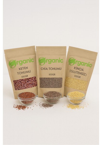 3'lü Set Chia Tohumu , Keten Tohumu , Kinoa Tohumu & Katkısız