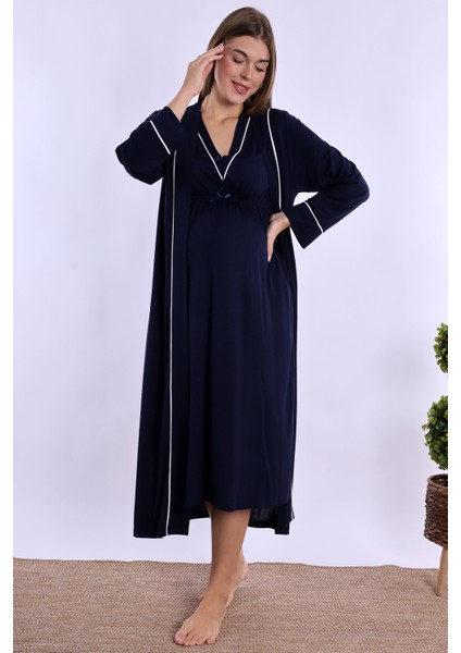 Lacivert Sabahlıklı Hamile Lohusa Gecelik Takım