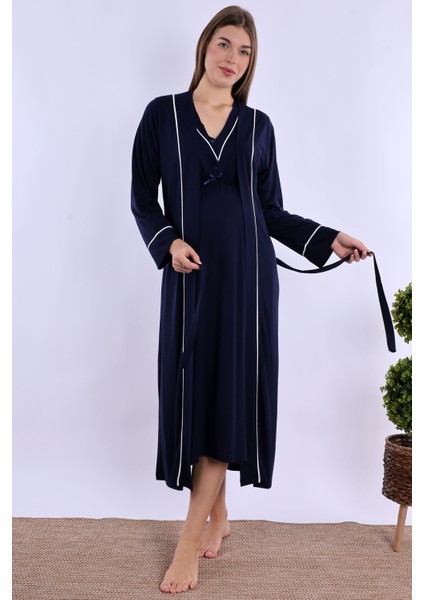 Lacivert Sabahlıklı Hamile Lohusa Gecelik Takım