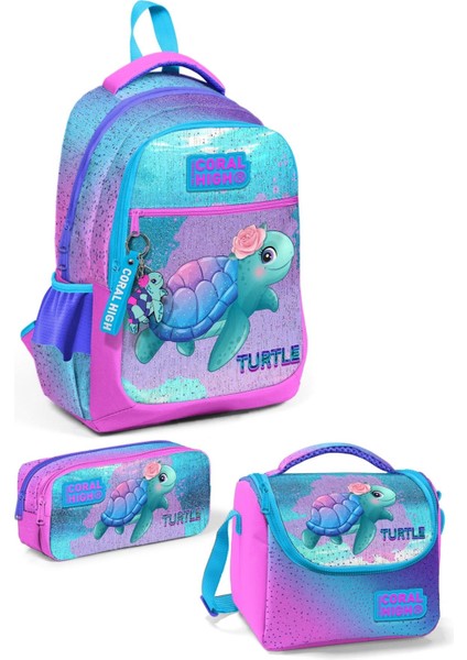 Ilköğretim Kız Çocuk Pembe Mavi Kaplumbağa Desenli 3’lü Okul Çanta Seti