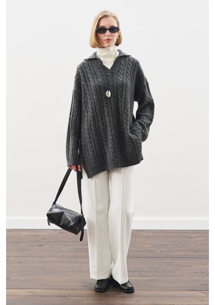 Yakalı Saç Örgü Kazak Antrasit