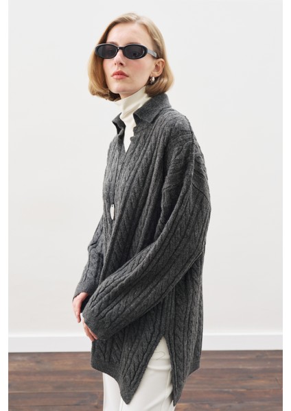 Yakalı Saç Örgü Kazak Antrasit fiyatları