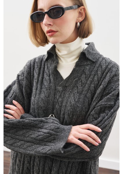 Yakalı Saç Örgü Kazak Antrasit modelleri