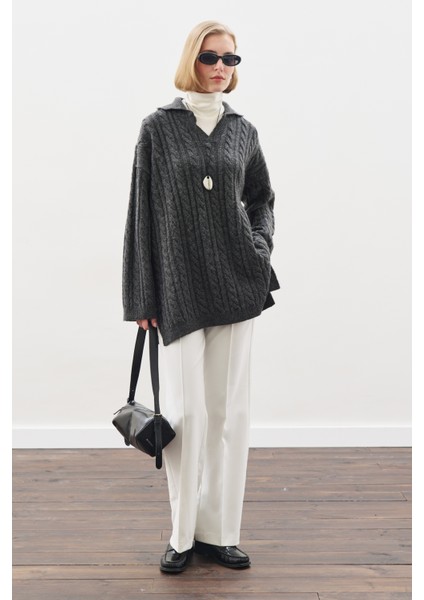 Yakalı Saç Örgü Kazak Antrasit fırsatları