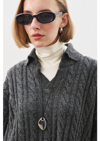 Yakalı Saç Örgü Kazak Antrasit indirimleri