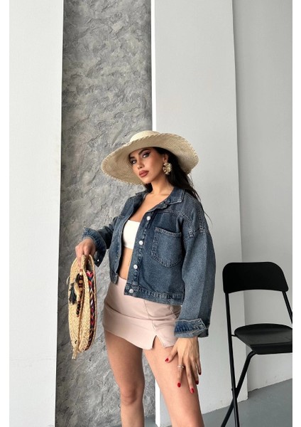 Çift Cepli Kol Katlamalı Kar Yıkama Crop Kot Ceket Kahve Tint D2000 modelleri