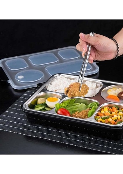 Bento 1600ML Lunchbox Tek Katlı 5 Bölmeli Çelik Sefer Tası Yemek Kutusu (Siyah) indirimleri