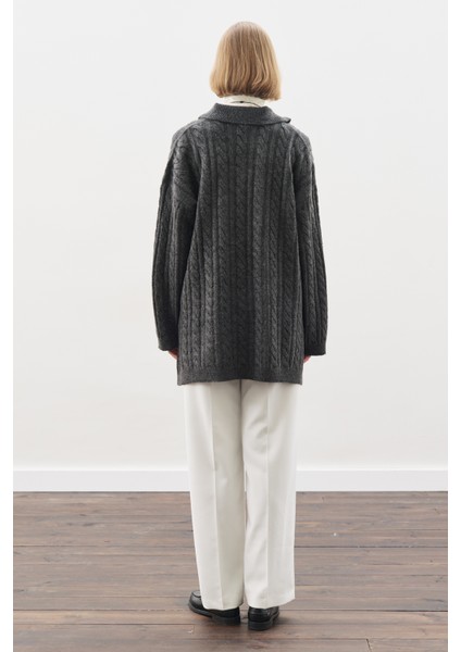 Yakalı Saç Örgü Kazak Antrasit