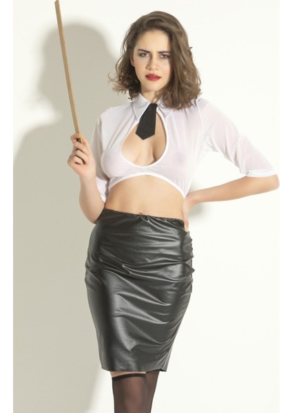 Fantazi Kadın Kostümü, Transparan File Üst, Deri Etekli Takım ve Çorap, Kadın Gecelik