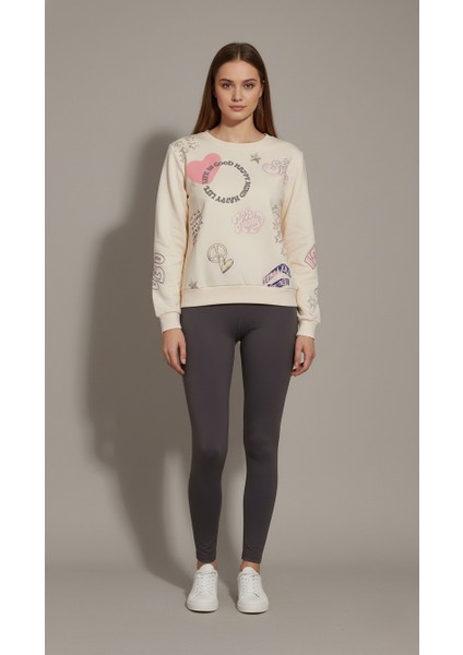 Kadın %100 Pamuk Baskılı Bisiklet Yaka Sweatshirt – 3 Iplik Şardonsuz Rahat Kalıp modelleri