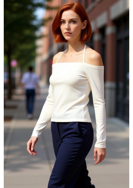 Kadın Carmen Yaka Uzun Kollu Vücuda Oturan Bağlama Detaylı Örme Kaliteli Şık Rahat Modern