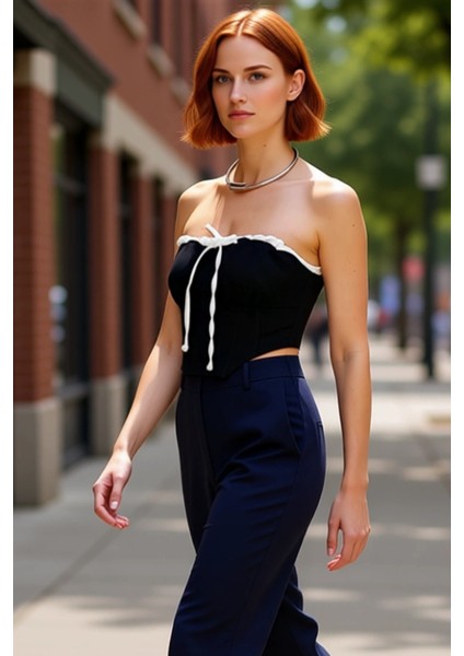 Straplez Crop Bluz Bağlama Detayli Dokuma Polyester Yazlık Kaliteli Işçilik Dayanıklı Malzeme