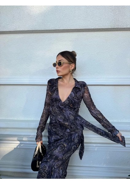 Kruvaze V Yaka, Fırfırlı ve Bağcıklı Desenli Bluz ve Midi Etek Takım - Siyah indirimleri