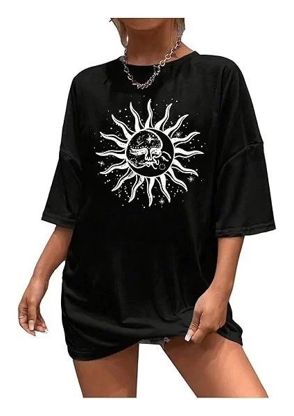 Kadın Bisiklet Yaka Baskılı T-Shirt - Siyah modelleri