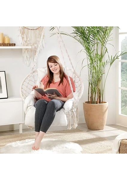 Asma Koltuk, Asma Sallanan Koltuk, Kalın Yastıklı Asma Sandalye, 120 Kg'a Kadar Yüklenebilir, Bahçe, Balkon, Oturma Odası, Teras, Iskandinav Tarzı, Modern, Bej GDC042M01 Için indirimleri