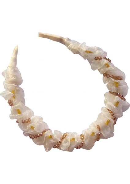 Beyaz Tül Kumaş ve Boncuk Işlemeli Köpekbalığı Dişli Kemik Taç