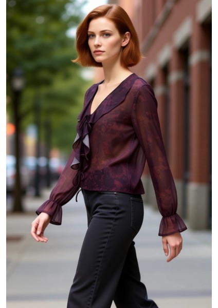 Kadın Şifon Bluz V Yaka Uzun Kol Bağcıklı ve Desenli Tasarım Kaliteli Şık Rahat Modern Zarif modelleri